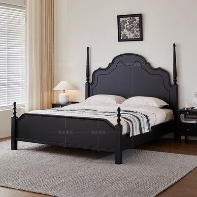 法式中古风实木h床安娜床黑色覆古床1.5m1.8双人床主卧大床实木床