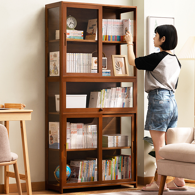 书柜现代简约带门防尘格子柜实木书架G窄柜置物组合储物柜落地立