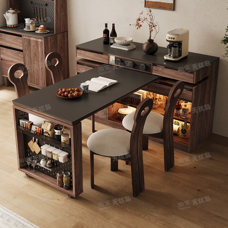 意式极简胡桃e木实木岛台餐桌一体家用可伸缩T形L形可旋转北欧导