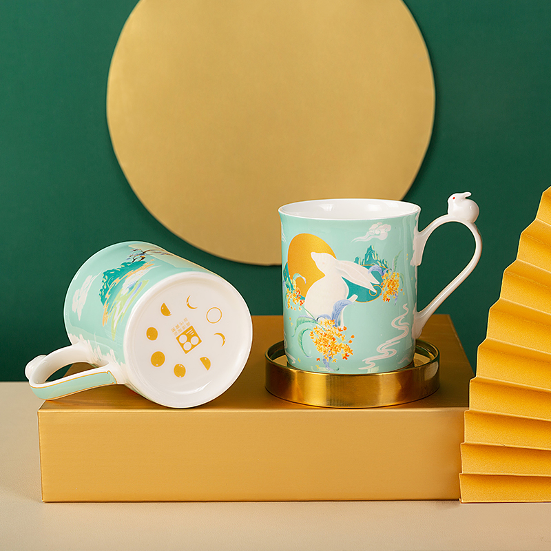 高淳陶瓷春华玉兔马克杯水杯骨瓷宫E廷风杯子伴手礼马克杯双杯送