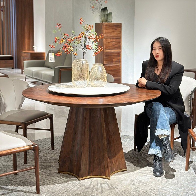 北美黑胡桃木餐桌椅组合餐厅圆桌实C木带转盘别墅大小户型简约家