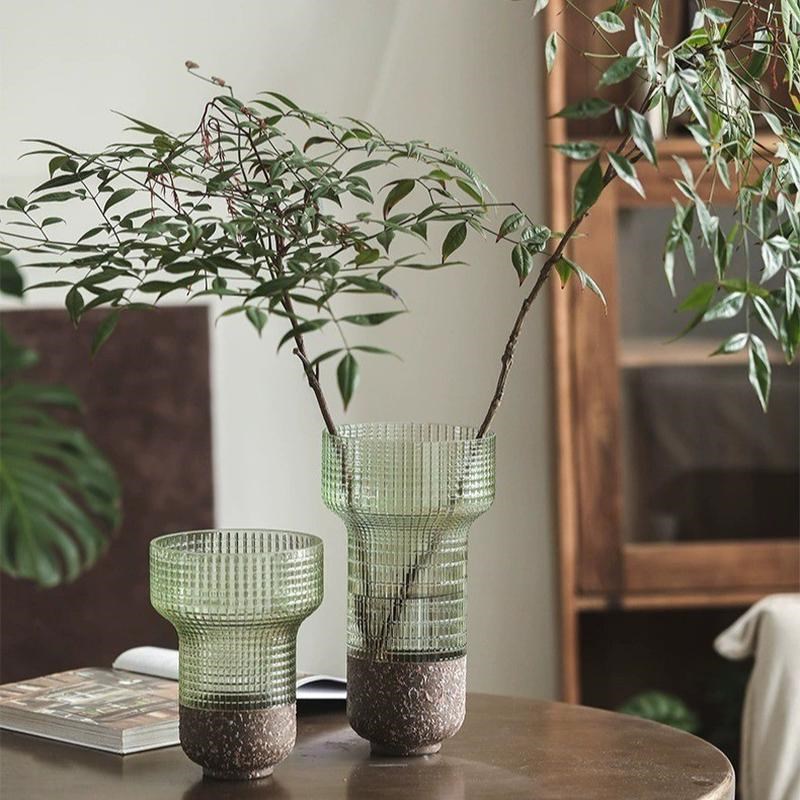 石苔敞口玻璃花瓶k水培插花高款绿色创意复古直筒花器餐桌装饰摆