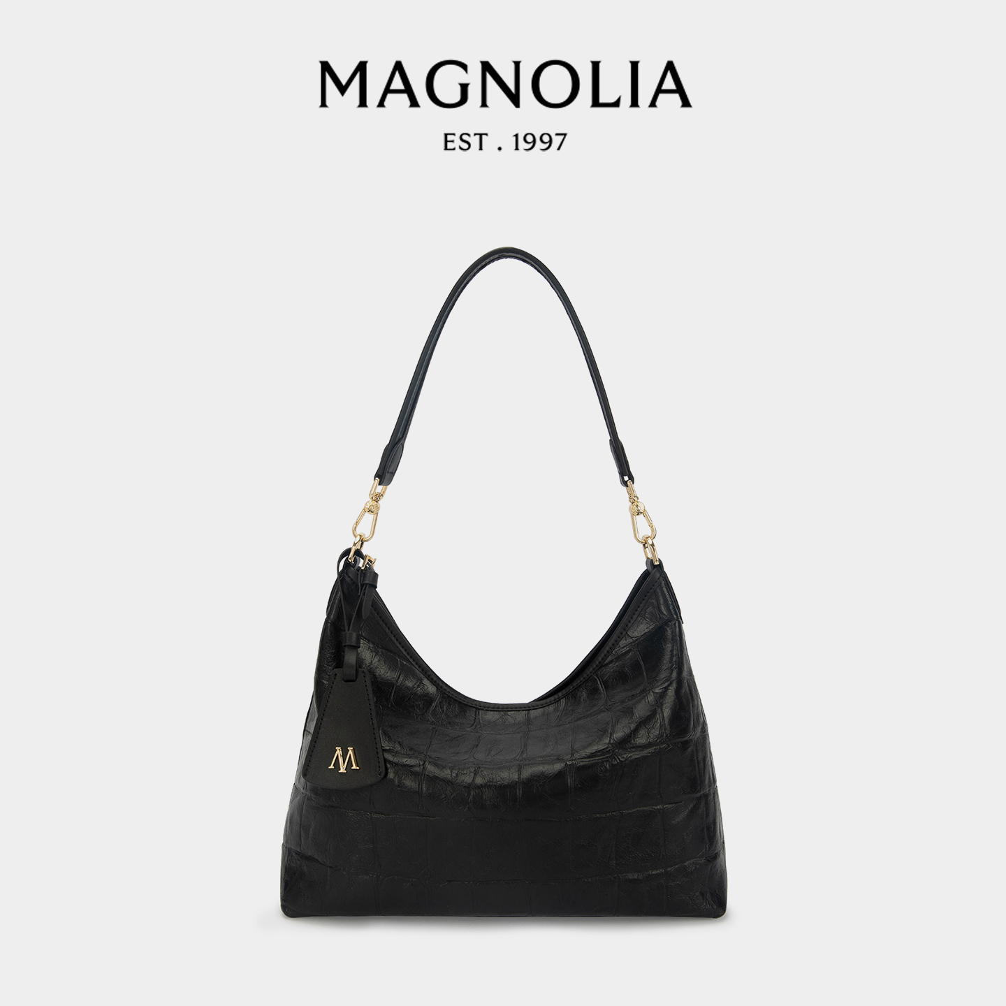 MAGNOLIA黑色鳄鱼纹老钱风hobo包
