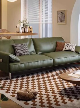 墨绿色真皮d沙发客厅小户型大象耳朵油蜡三人位中古风直排复古沙