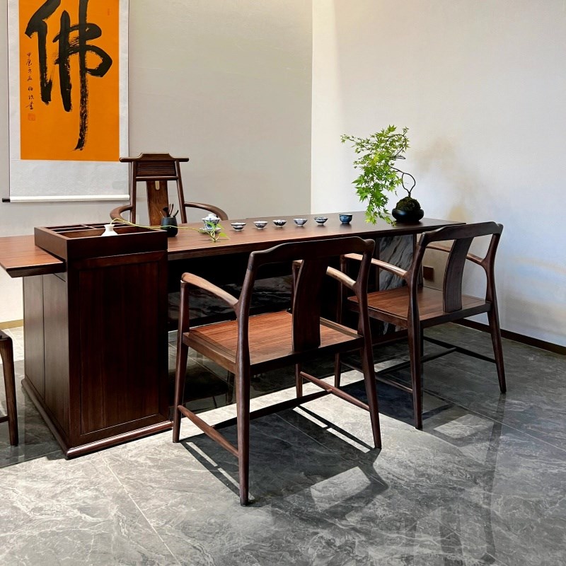 新中式实木茶桌2025新款北美黑胡桃木茶台家用Q岩板禅意茶桌椅组