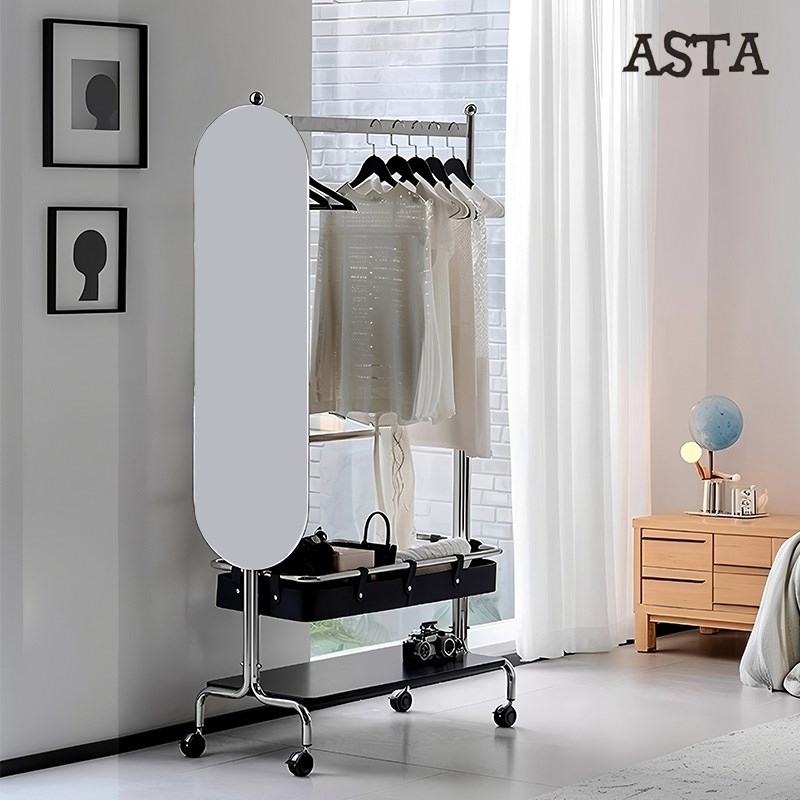 2025年新款中古实木衣帽架y全身镜一体卧室落地可移动挂衣架不锈