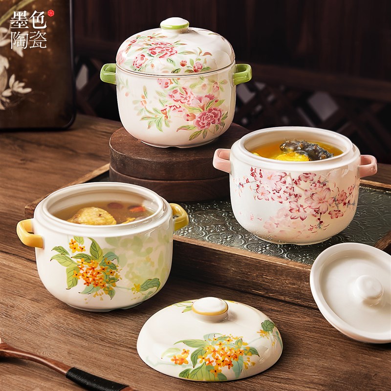 原创双耳炖盅带j盖子陶瓷家用瓦罐汤隔水炖汤盅专用蒸盅炖燕窝蒸