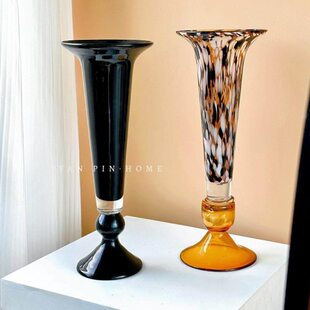 高脚玻璃桌面艺术插花花瓶复古琉璃样板间黑色花器摆件客厅高级