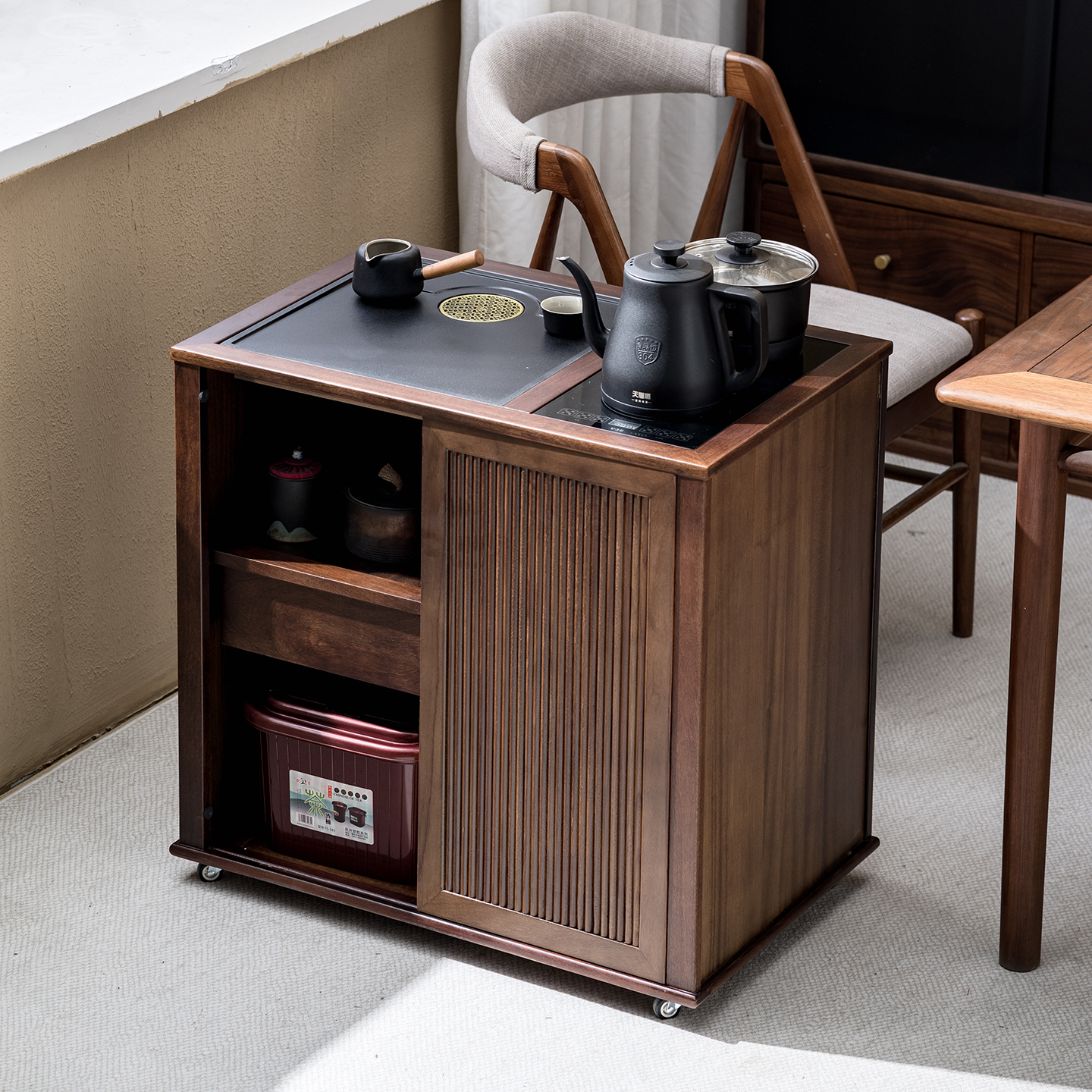 黑胡桃茶柜实木茶几家用小户型茶桌烧水壶一体阳台移动小茶台