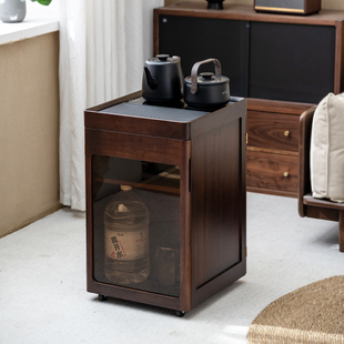 黑胡桃木实木茶水柜烧水壶一体小茶台移动泡茶桌简约沙发边柜边几