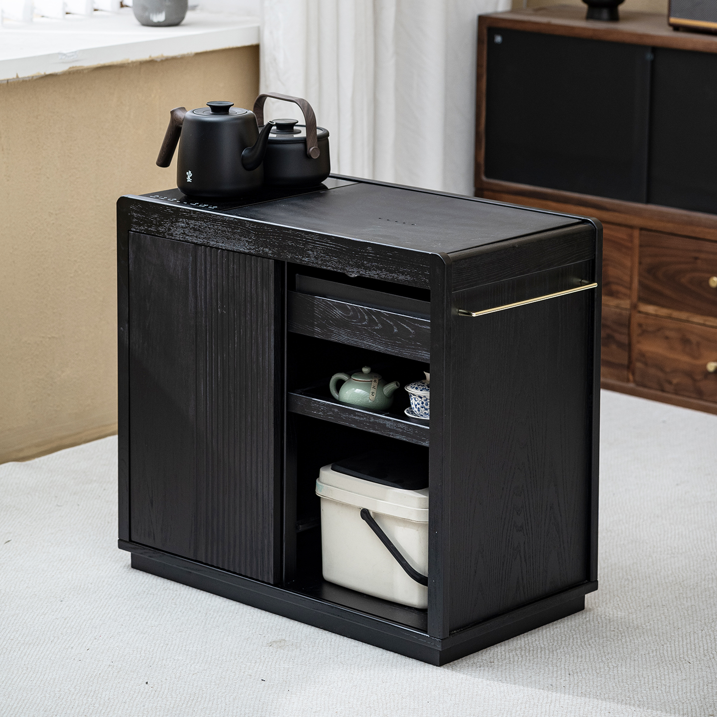 黑色实木茶水柜小型移动茶台家用实木客厅水吧台边几烧水一体中式