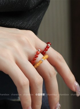 S925银 灰月光多棱银D珠弹力戒指12-15#