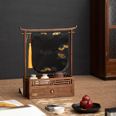 妙莲天香 新f中式胡桃木茶具收纳架置物架茶桌台面高档复古摆放架
