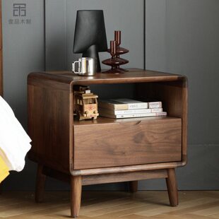 柜简约北头黑胡桃木床收纳柜新中式卧室北欧床边柜抽储物美单现代
