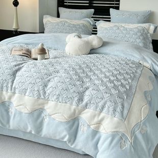 轻奢高端刺绣牛奶绒四件套202A3新款 加厚双面保暖兔兔绒珊瑚 冬季