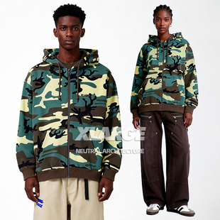 XLARGE连帽卫衣2025年新款秋冬季宽松百搭潮流迷彩拉链开衫外套男