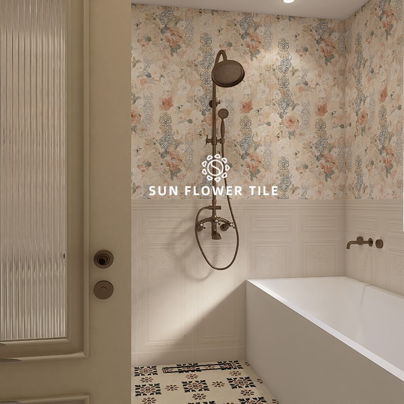向日葵 法式奶油风卫生间瓷砖 南E洋风复古浴室墙砖阳台黑白花砖