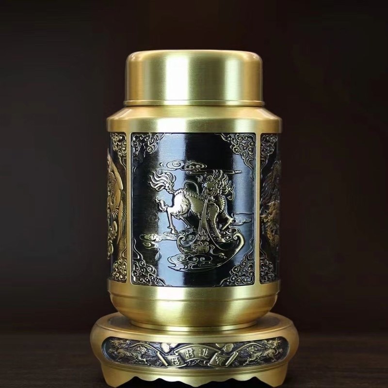 纯铜龙凤麒麟茶叶罐复古茶盖储物罐办公家居四祥S瑞兽黄铜摆件防