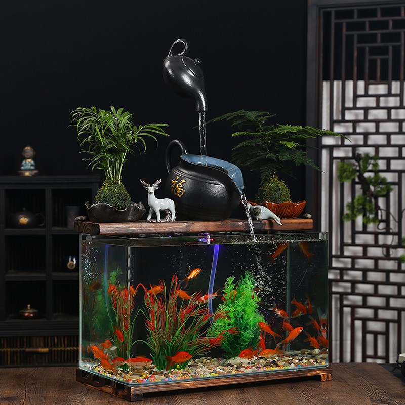 招财流水循环玻璃金鱼缸家用懒人免换水生态自循环过滤制氧加湿器