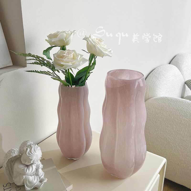 简约现代轻奢粉色花瓶客厅v插花玻璃花器餐客厅摆件高级感软装饰
