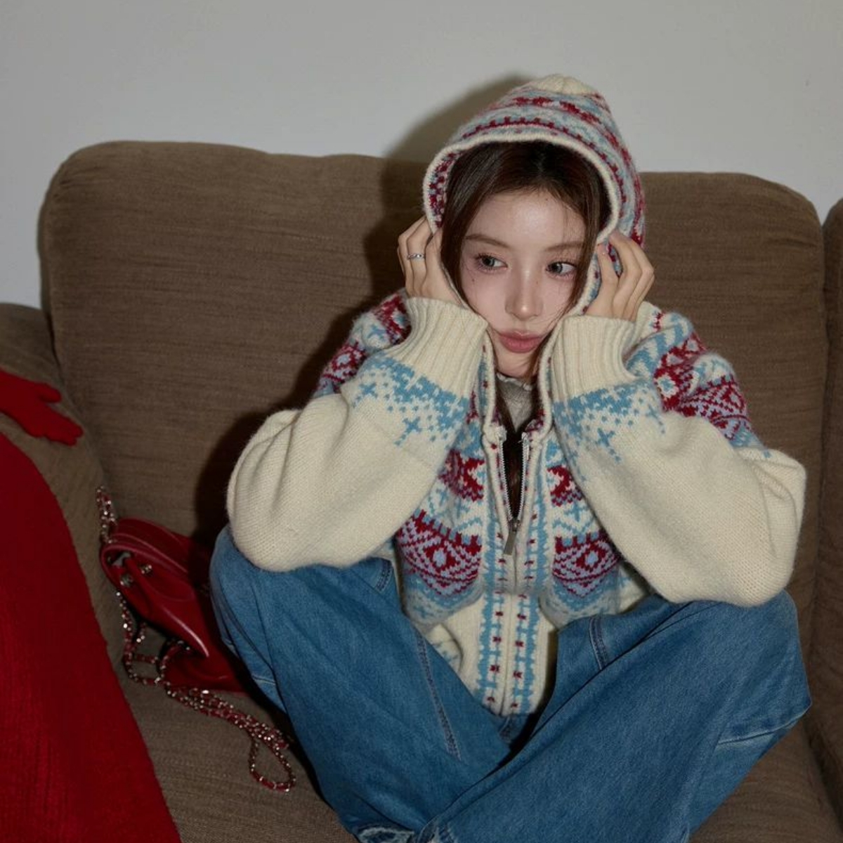 米色费尔岛开衫连帽圣诞毛衣外套女加厚毛衫上衣长袖针织衫