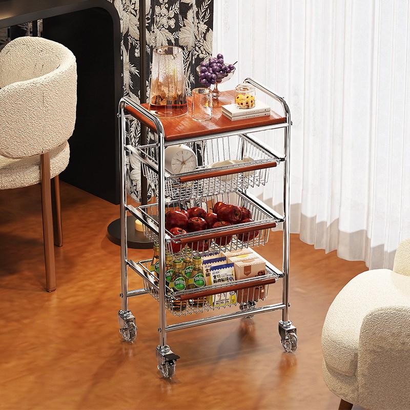 304不锈钢零食小推车置物架客厅落地多层移动收纳架子中古风茶几