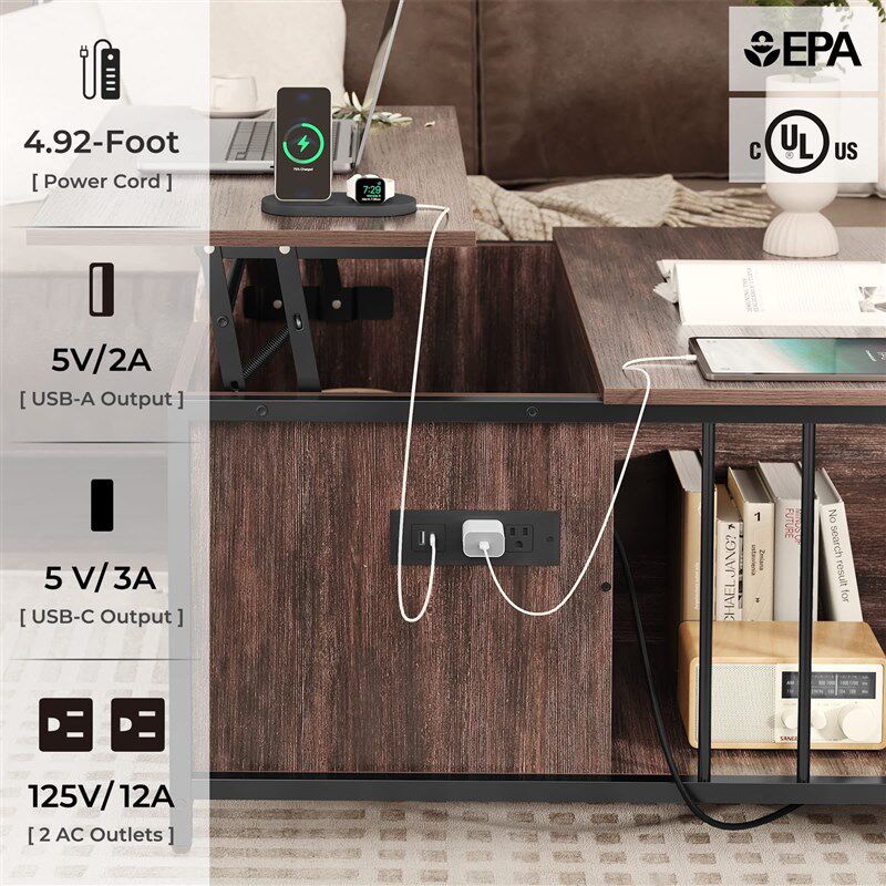 便携式升降式咖啡桌带隐藏式储物柜隔层储物携带USB插座端口插座