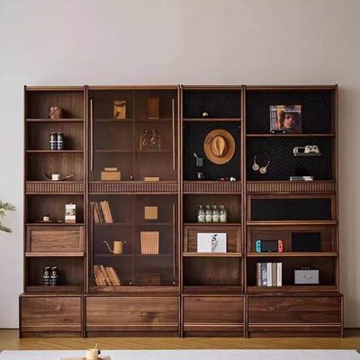 全实木玻璃组合书柜黑胡桃木展示柜一体整墙储物柜书架酒柜收纳柜