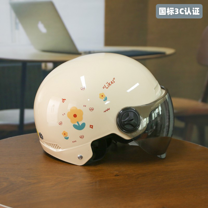 3c安全认证电动车摩托头盔四季通用适用新国标简约碎花电瓶车半盔