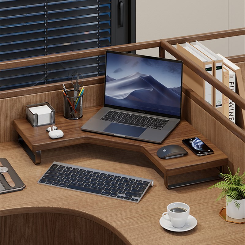 实木转角电脑增高架工位台式显示器桌面收纳三角拐角办公室置物架