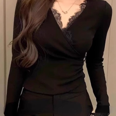 大码胖mm纯欲风蕾丝边V领加绒长袖T恤女秋冬修身显瘦上衣打底衫