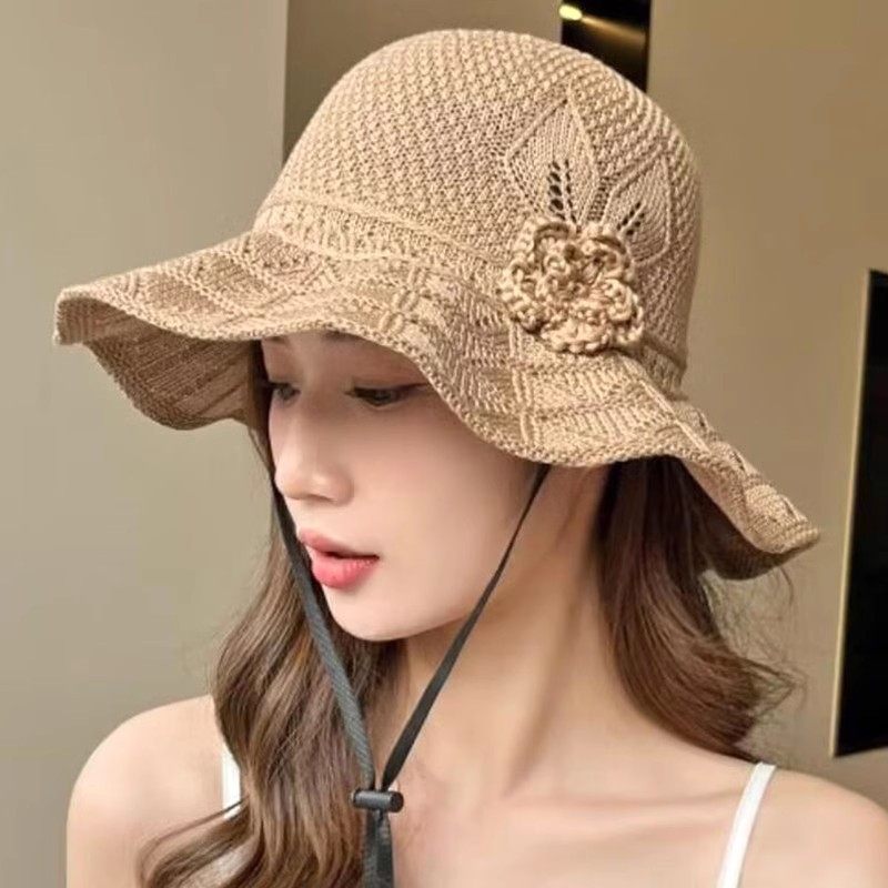 花朵可折叠防晒帽子女夏季新款渔夫帽草帽户外大帽檐遮阳太阳帽女
