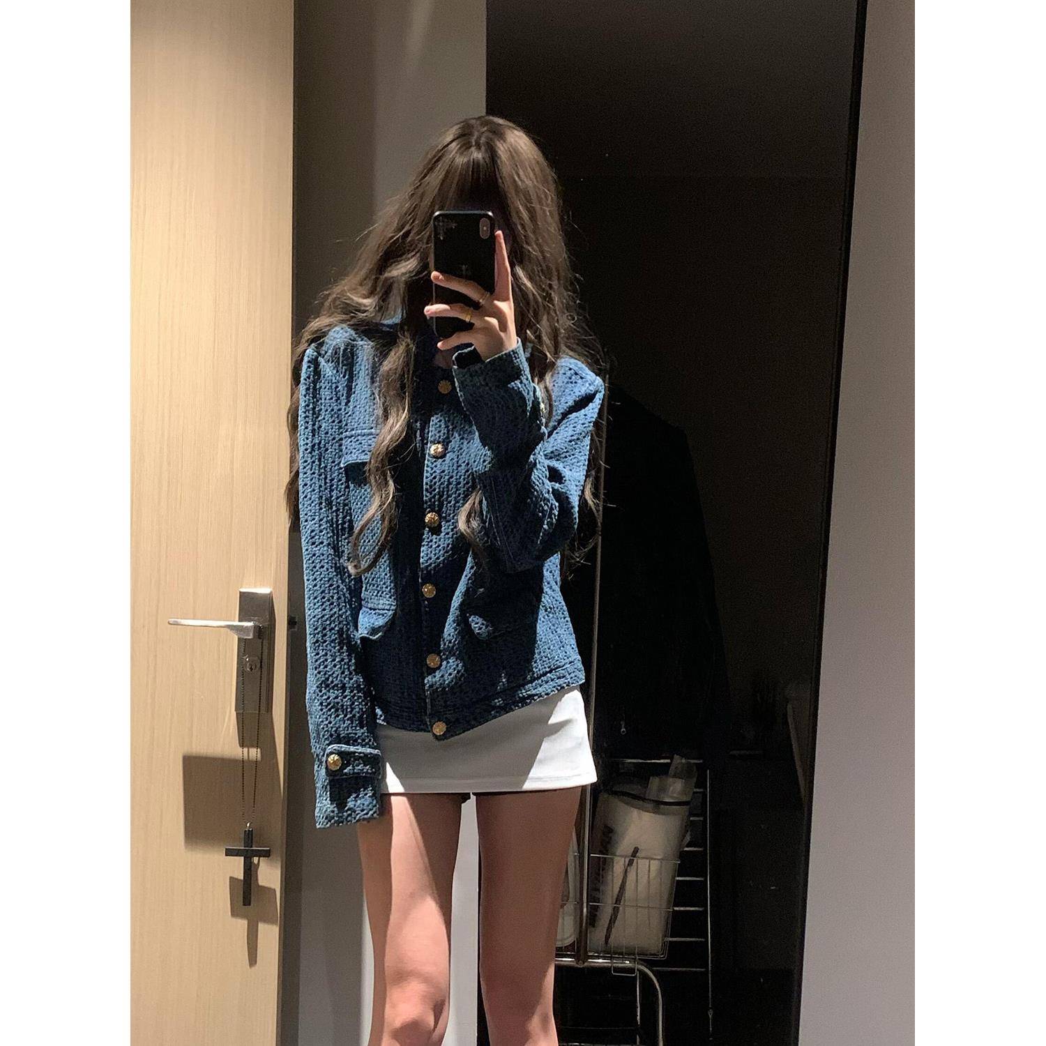 秋季蓝色小香风水洗牛仔外套女早秋2025新款小个子高级感短款上衣
