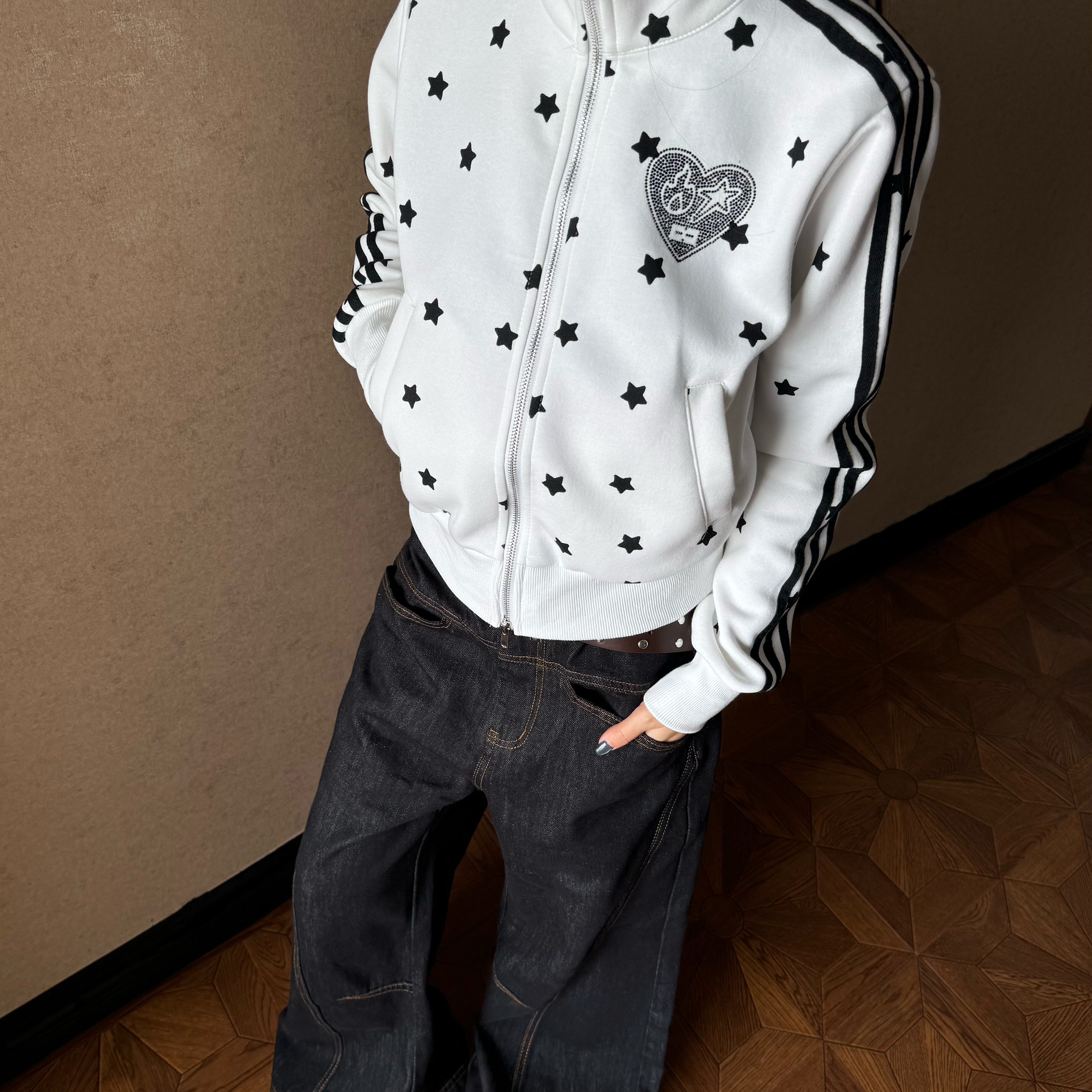 Code XI原创美式星星满印连帽修身短款开衫拉链秋季烫钻外套