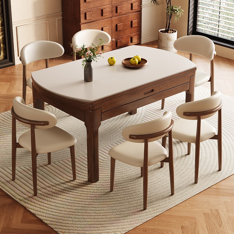 实木岩板餐桌中古风2o025新款家用小户型客厅吃饭桌椅组合可变圆