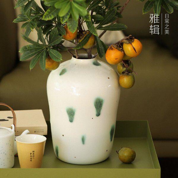 雅辑 青山瓶 家居花瓶手工花器大花罐 高温陶瓷 两款入 绿釉点金