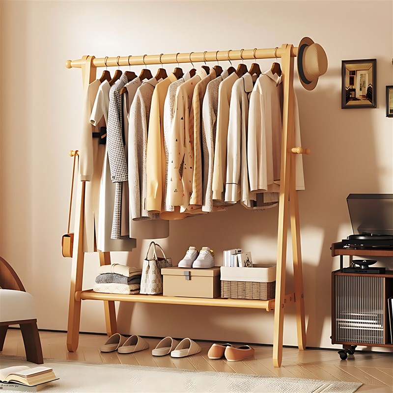实木衣帽架落地卧室家用折叠挂衣架室内房K间简易榉木收纳晾衣架