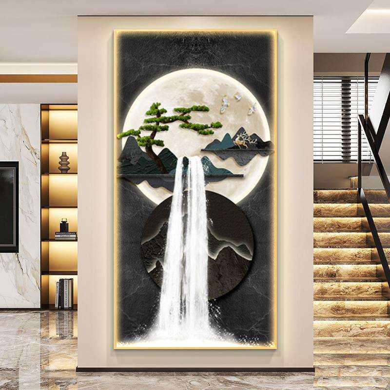 入户玄关装饰画流水生财走廊过道挂画办公室高档山水画迎客松壁画