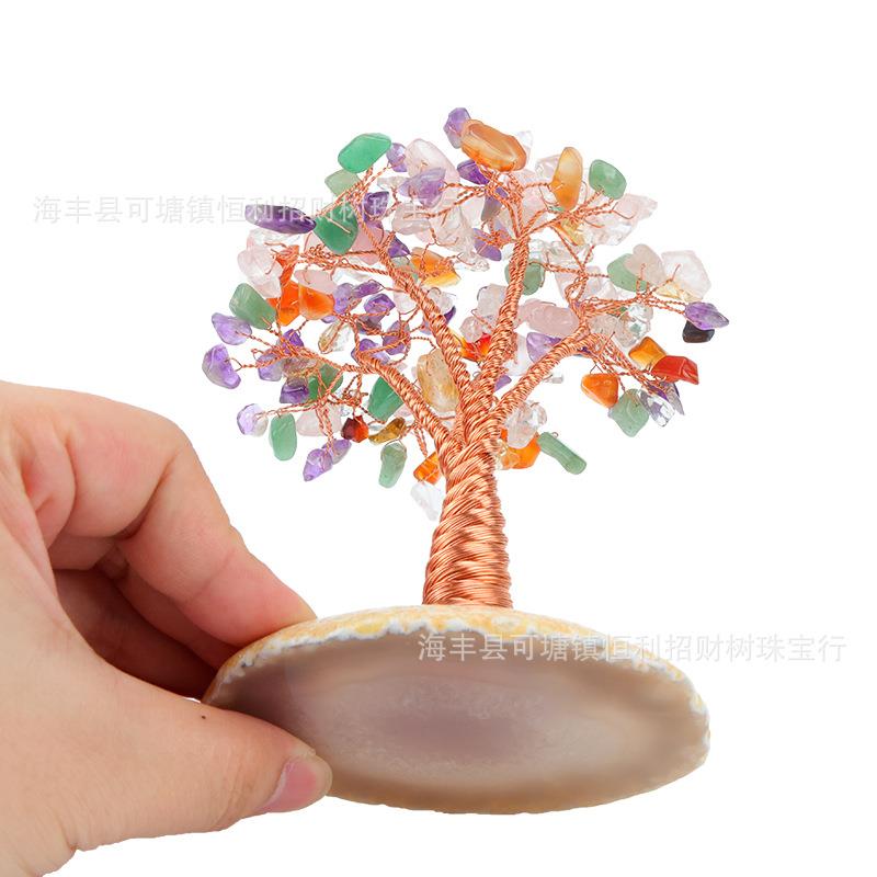 热销亚马逊天然彩色水晶碎石树黄紫粉半宝石树玛瑙底切片小工艺品