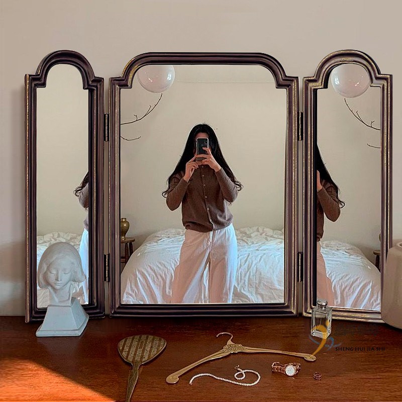 法式复古化妆镜台式桌面家用可折叠卧室大号三面镜U三折梳妆台镜
