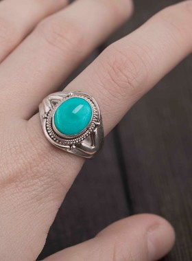 印度尼泊尔e手工925银饰品绿松石戒指女 男开口个性创意复古民族