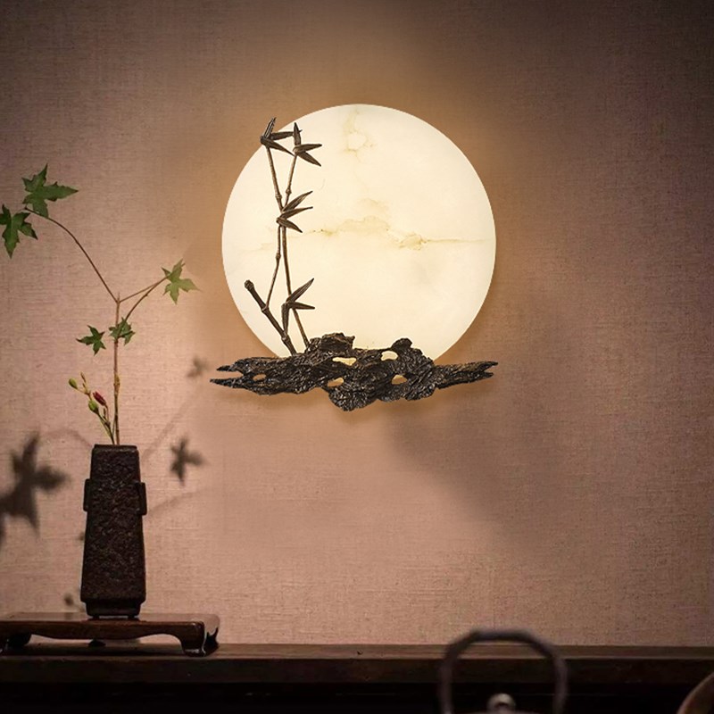 新中式壁灯禅意中国风全铜云石客厅茶H室背景灯户外庭院景观月亮