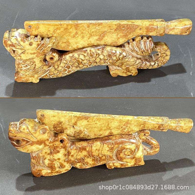 文玩玉器工艺雕刻仿古做旧岫玉古董古玉老玉把件收藏小铡龙虎摆件