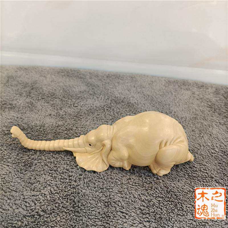 黄杨木雕刻家居装饰品男士随身手把件汽车小摆件大象趴趴象招财象