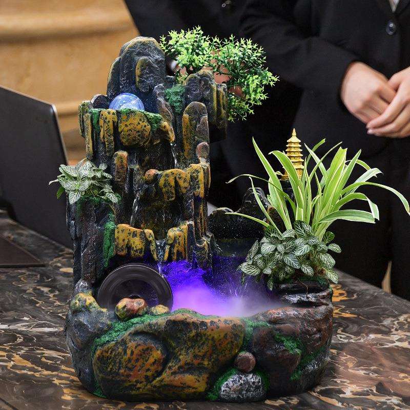 简约现代高山流水喷泉摆件水车风水轮招财假山景观客厅开业装饰品