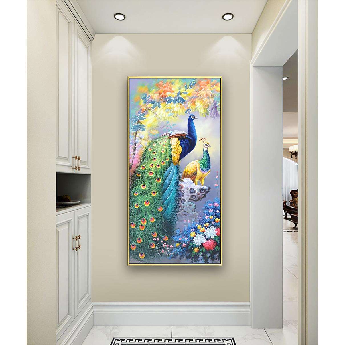 新中式手绘孔雀油画玄关装饰画客厅挂画美式过道竖版高端入户壁画