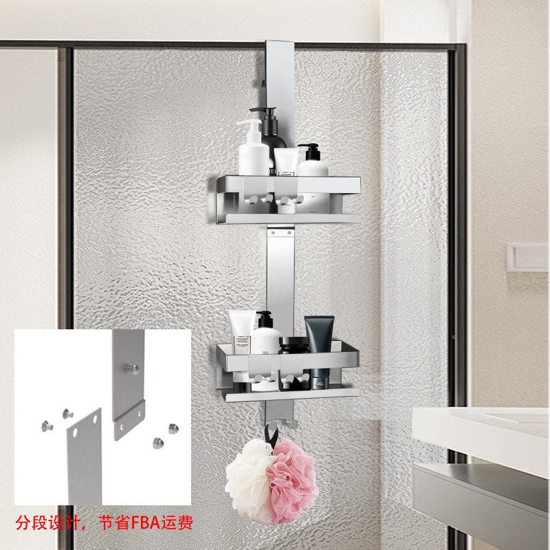 不锈钢双层浴室置物架卫生间收纳架淋浴房玻璃R门挂架免打孔挂篮