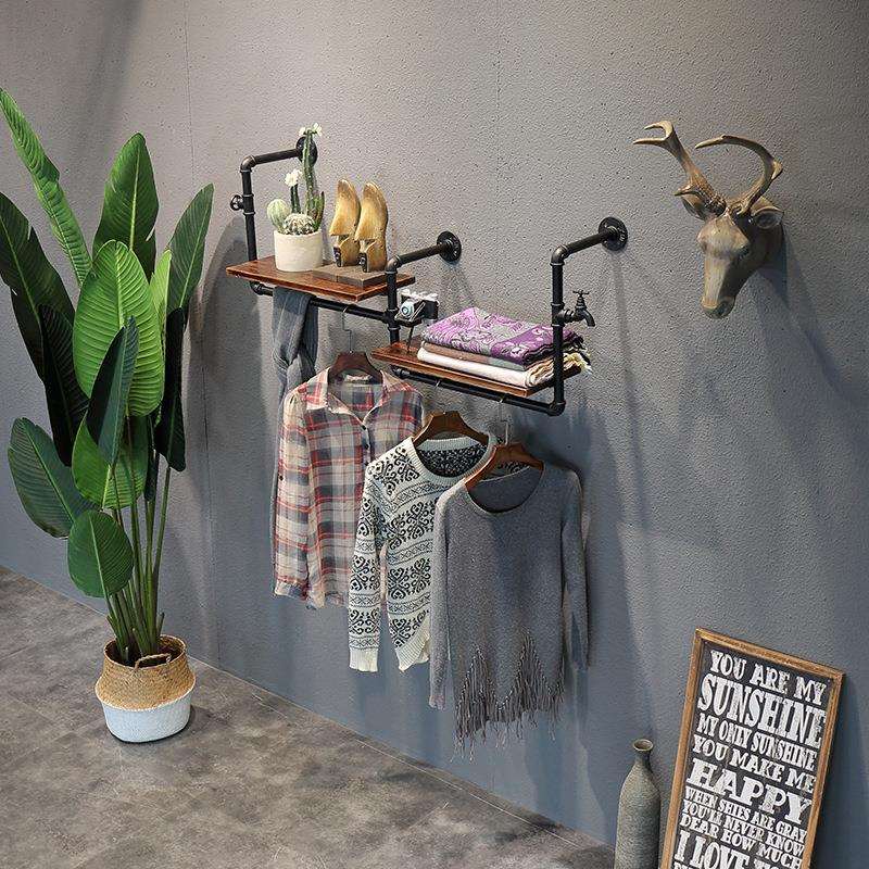 新款服装店衣架展示架服装货架上墙壁挂衣架铁艺复古水管服装架