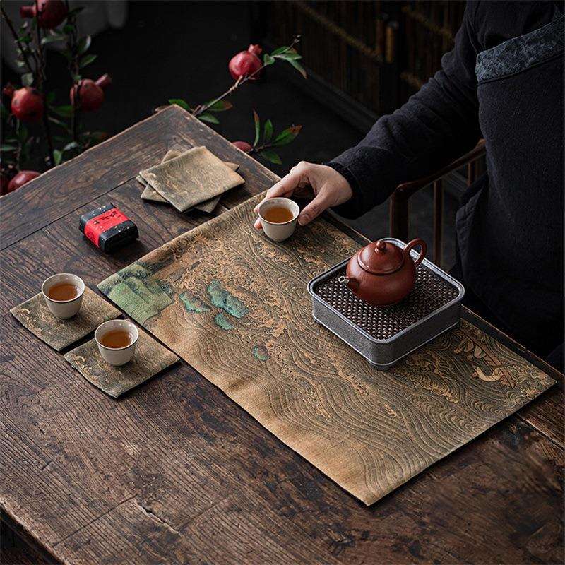 国潮古画茶道空间千里江山收纳旅行防水茶壶茶杯垫个人茶席桌旗