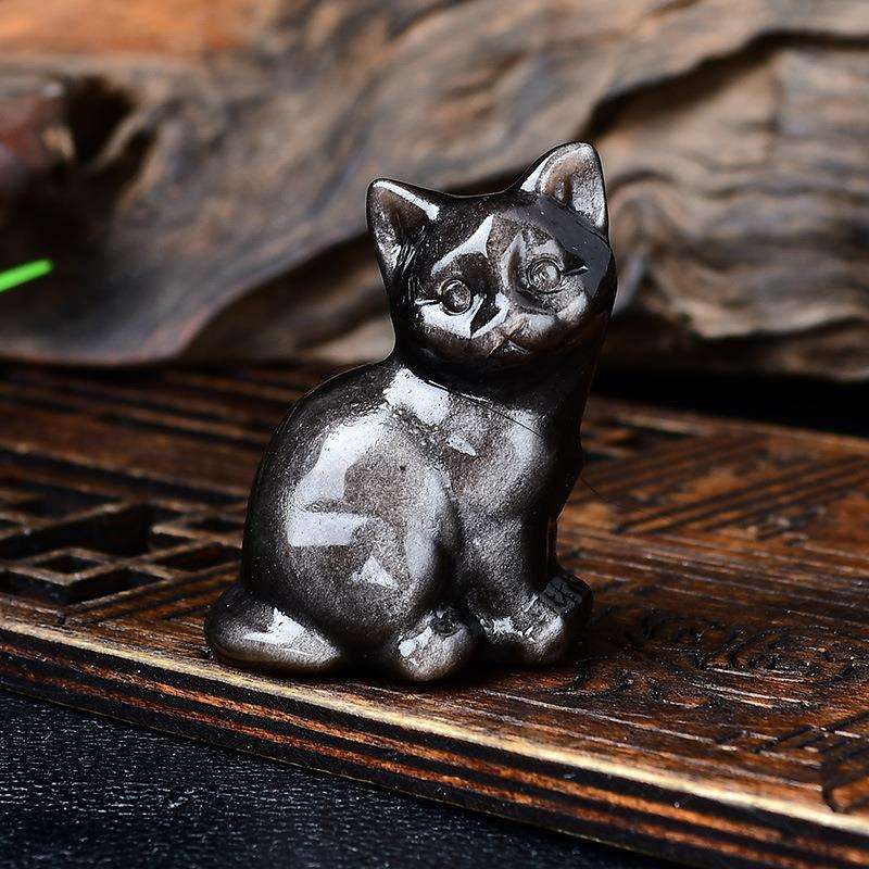 天然银曜石小猫摆件黑曜石原石雕刻歪头猫咪家居客厅办公桌面装饰